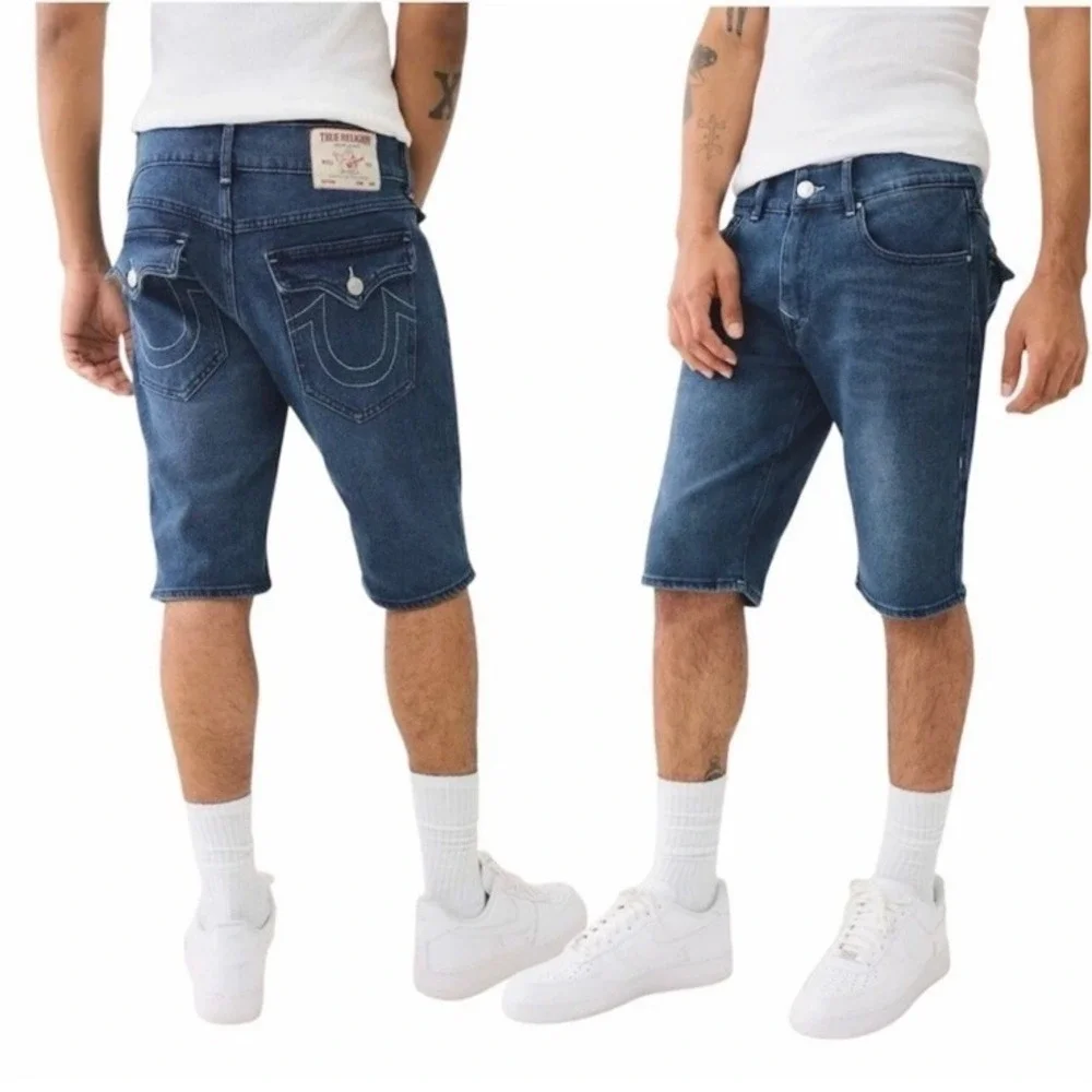 True Religion Mens Ricky Relaxed Straight Denim Shorts Dark Lagoon Wash Size 34